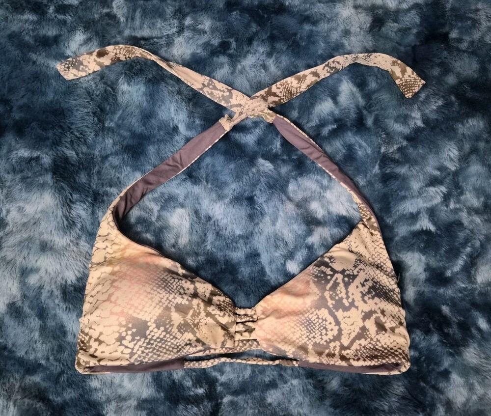 S/M Women's Roxy Snake Print Purple Mauve Bikini Top Reversible Tie Back Halter